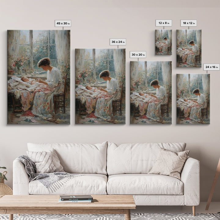 Mother Stitching By Baby Cradle, Bright Window Wall Art, Impressionist Oil Painting Print, Nursery Decor, Gift For Mom, Home Decor