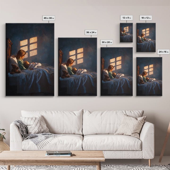 Mother Reading To Child In Bed, Warm Window Light Wall Art, Moody Bedroom Decor, Nursery Art Print, Gift For Mom, Cozy Home Decor