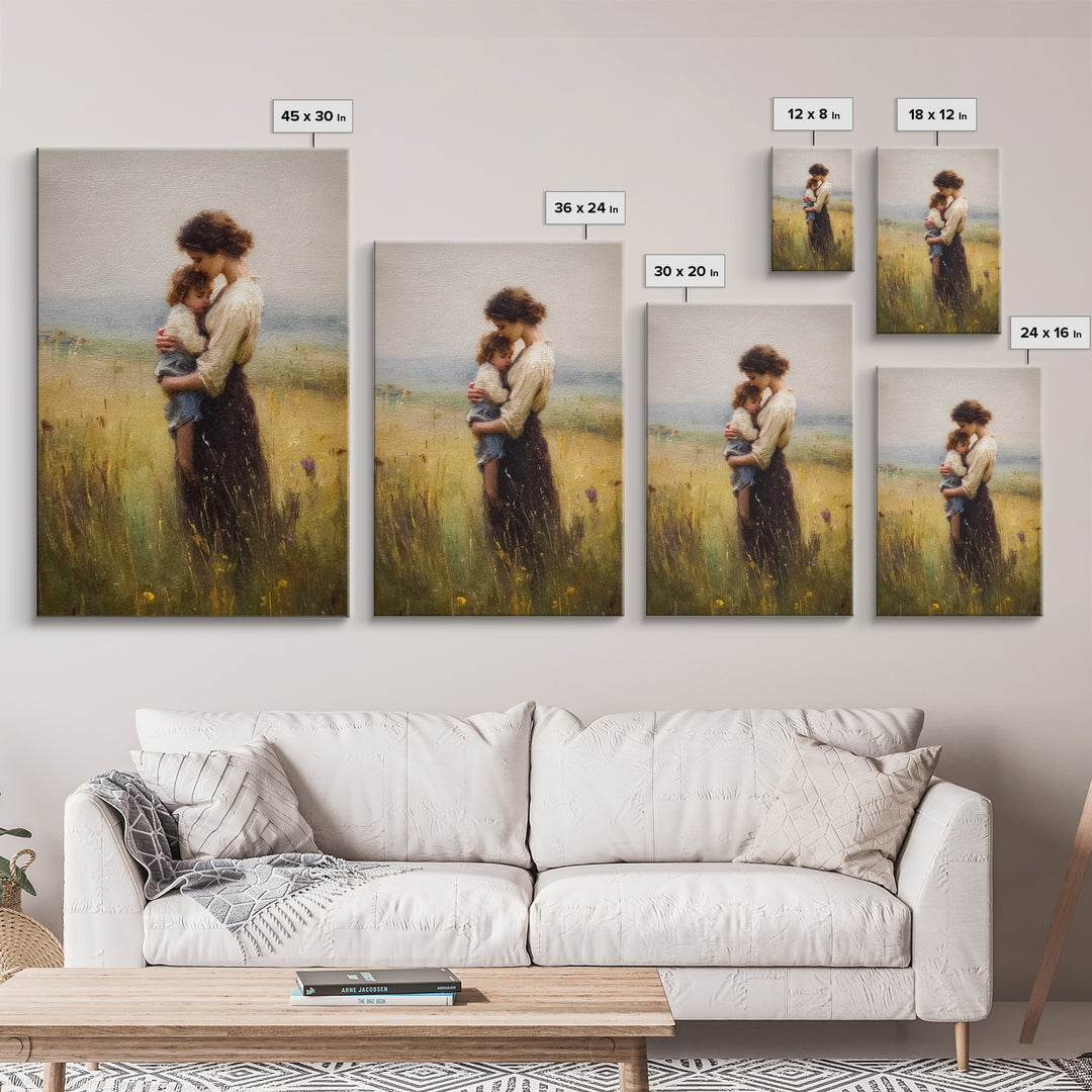 Tender Mother Holding Child In Golden Meadow Canvas Print, Soft Impressionist Oil Painting, Neutral Nursery Wall Art Gift