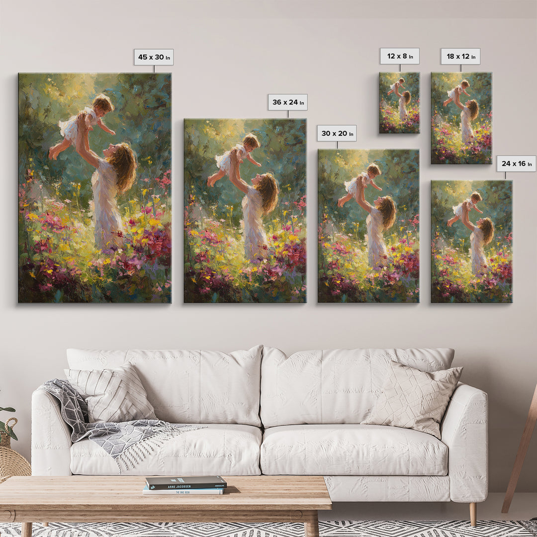 Sunlit Mother And Baby In Flower Garden Canvas Print, Impressionist Oil Painting, Colorful Nursery Wall Art Gift For Mom