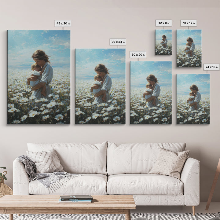 Mother Cradling Baby In Blue Sky Daisy Field Framed Canvas Print, Floral Wall Art, Nursery Decor, Mothers Day Gift, New Mom Gift