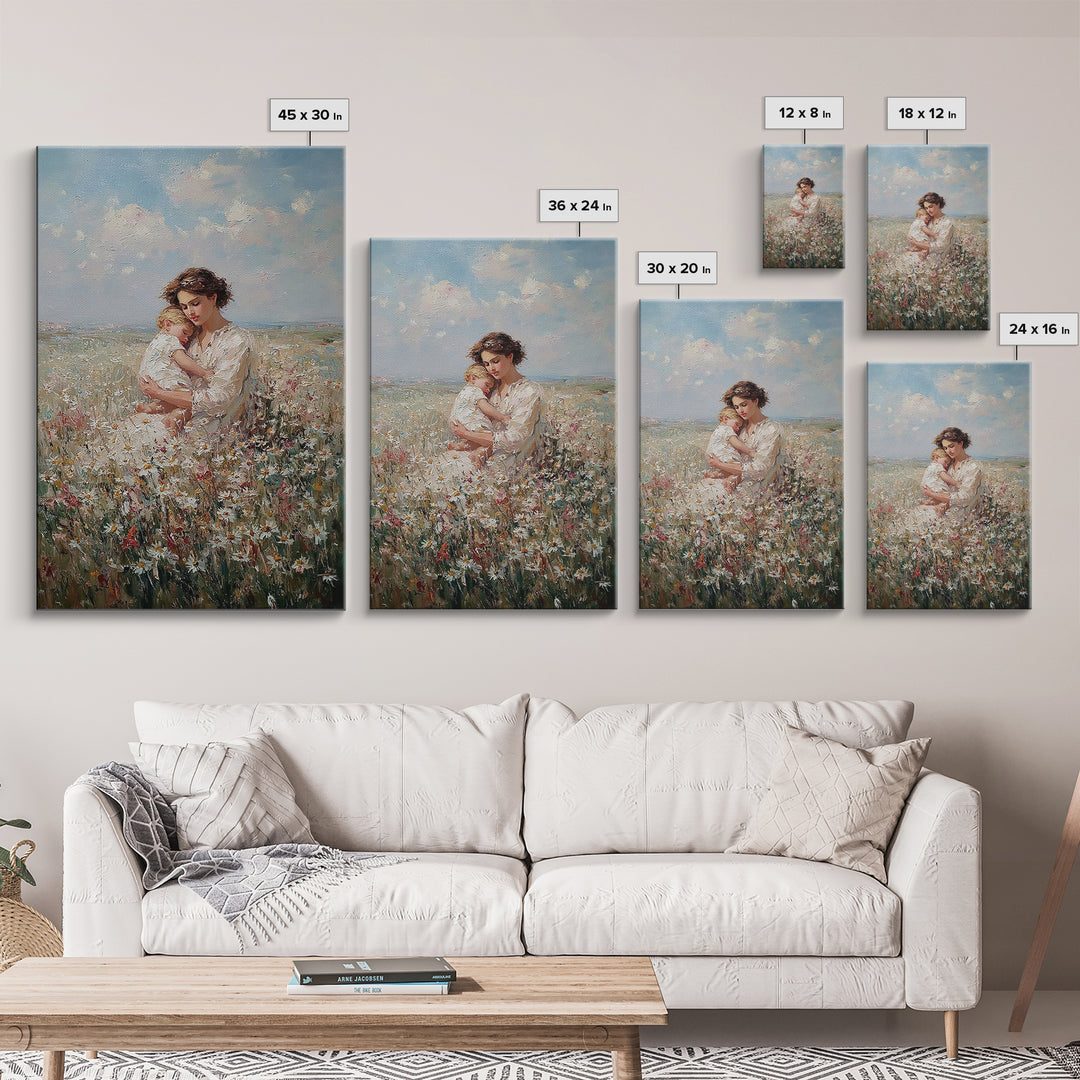 Romantic Mother And Baby In Wildflower Field Canvas Print, Floral Wall Art, Nursery Decor, Mothers Day Gift, New Mom Gift