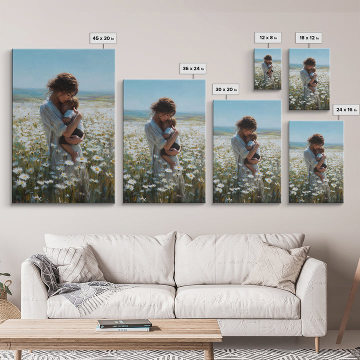 Mother Nursing Baby In Daisy Meadow Wall Art, Feminine Floral Oil Painting Print, New Mom Gift, Nursery And Bedroom Decor