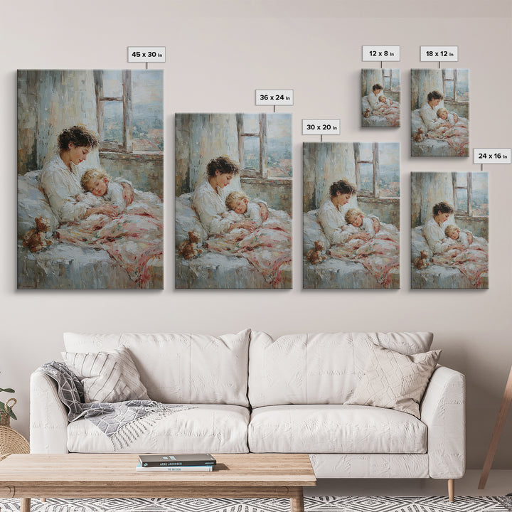 Mother And Sleeping Child By Window Framed Canvas Print, Cozy Bedroom Wall Art, New Mom Gift, Nursery Room Decor, Soft Neutral Home Decor