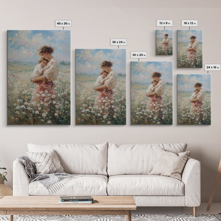Mother Holding Child In Wildflower Meadow Wall Art, Impressionist Floral Oil Painting, New Mom Gift, Nursery Bedroom Decor