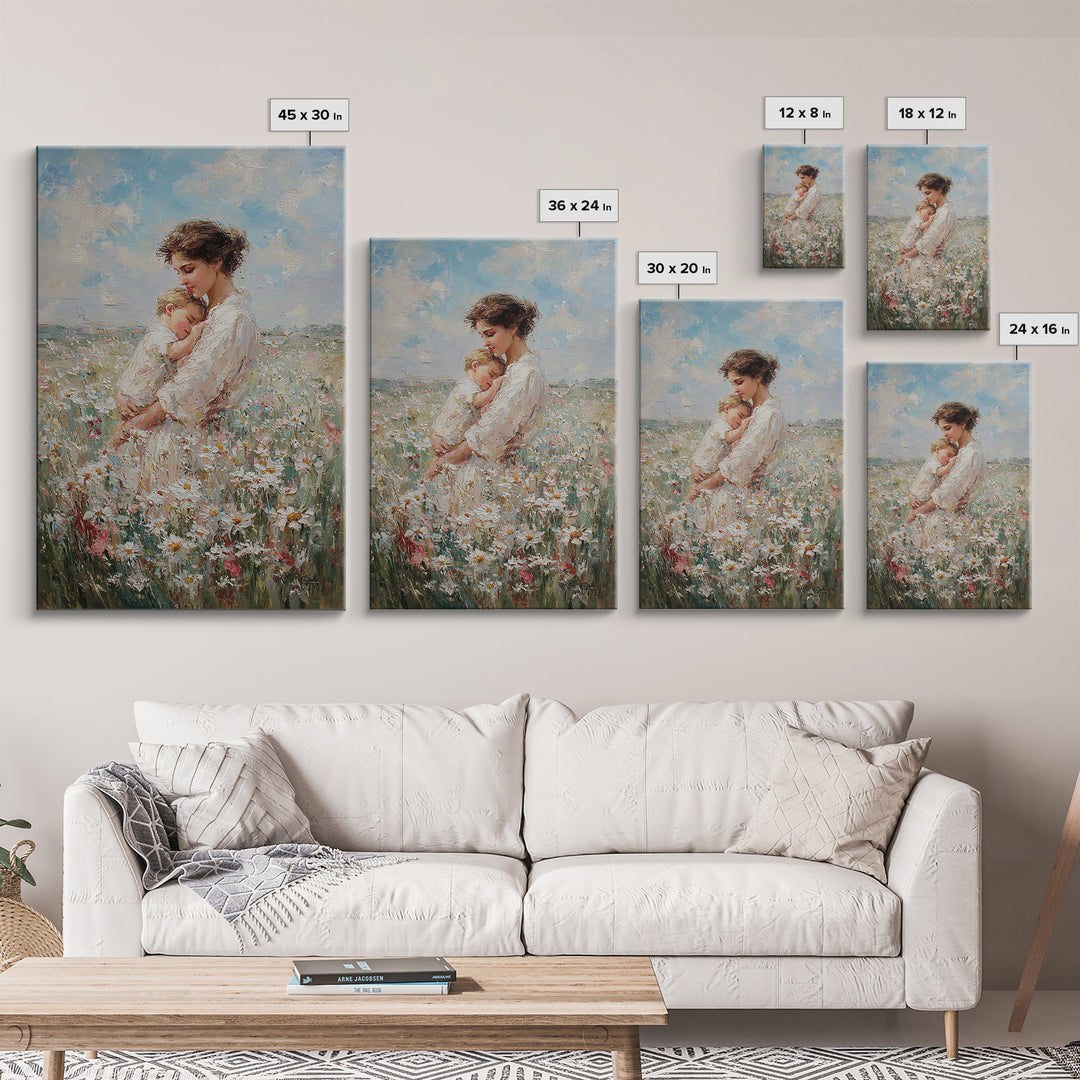 Mother Cradling Baby In Daisy Field Canvas Print, Soft Floral Wall Art, Feminine Nursery Decor, Gift For New Mom, Bedroom Wall Decor