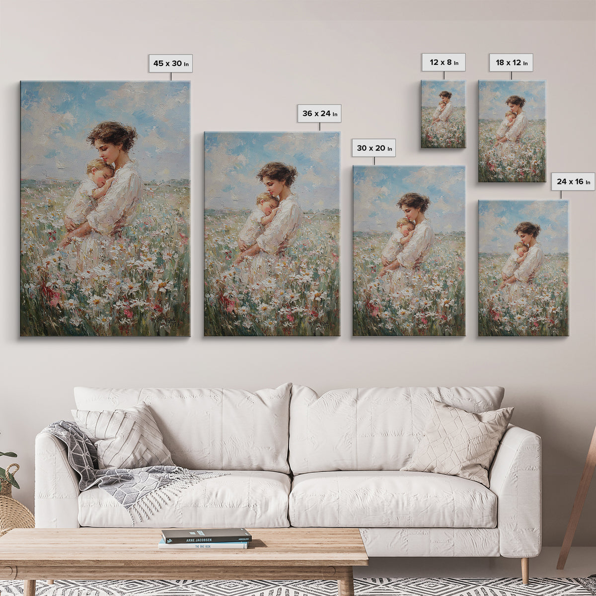 Mother Cradling Baby In Daisy Field Canvas Print, Soft Floral Wall Art, Feminine Nursery Decor, Gift For New Mom, Bedroom Wall Decor