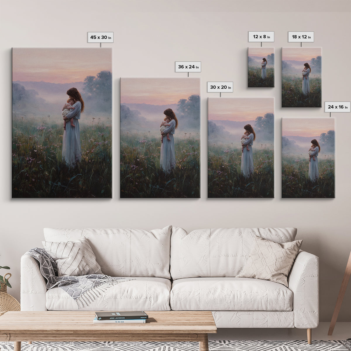Mother And Baby In Misty Sunrise Meadow Wall Art, Romantic Landscape Oil Painting, New Mom Gift, Feminine Bedroom And Nursery Decor