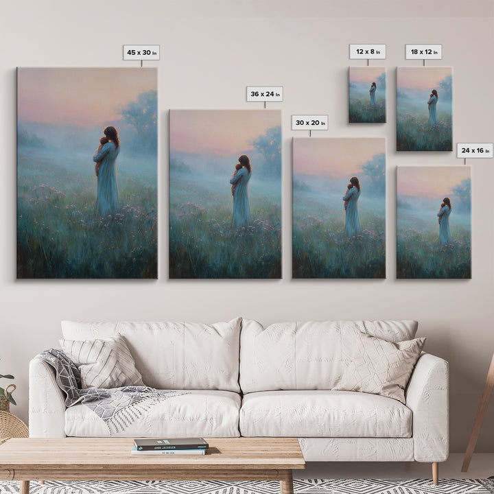 Mother Holding Baby In Foggy Pastel Meadow Canvas Print, Calming Landscape Wall Art, New Mom Gift, Nursery Decor, Soft Bedroom Wall Decor