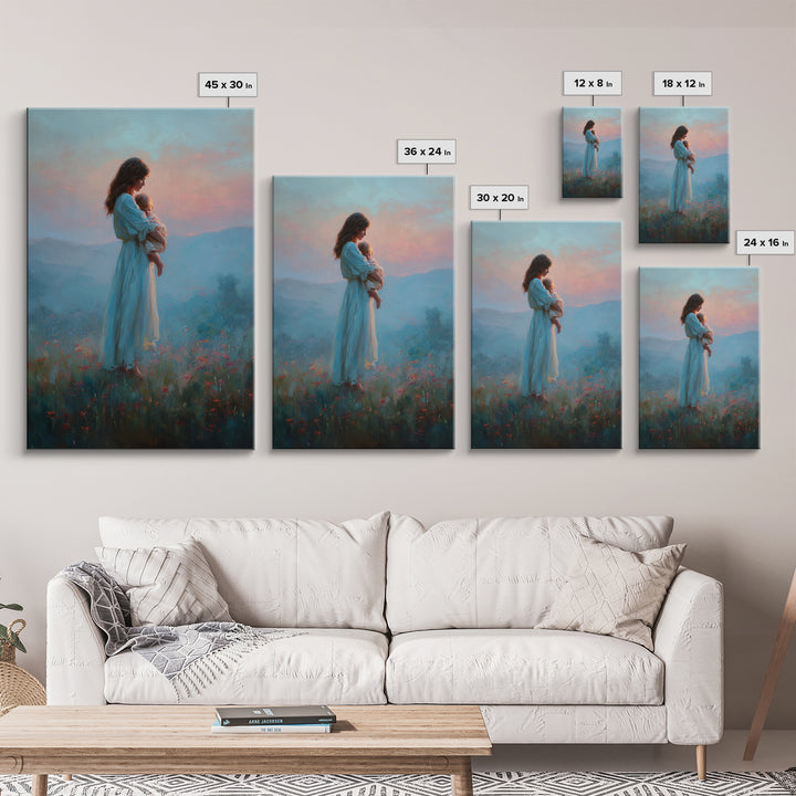 Mother And Baby At Blue Pink Sunset Wall Art, Dreamy Mountain Landscape Oil Painting, New Mom Gift, Feminine Nursery Decor