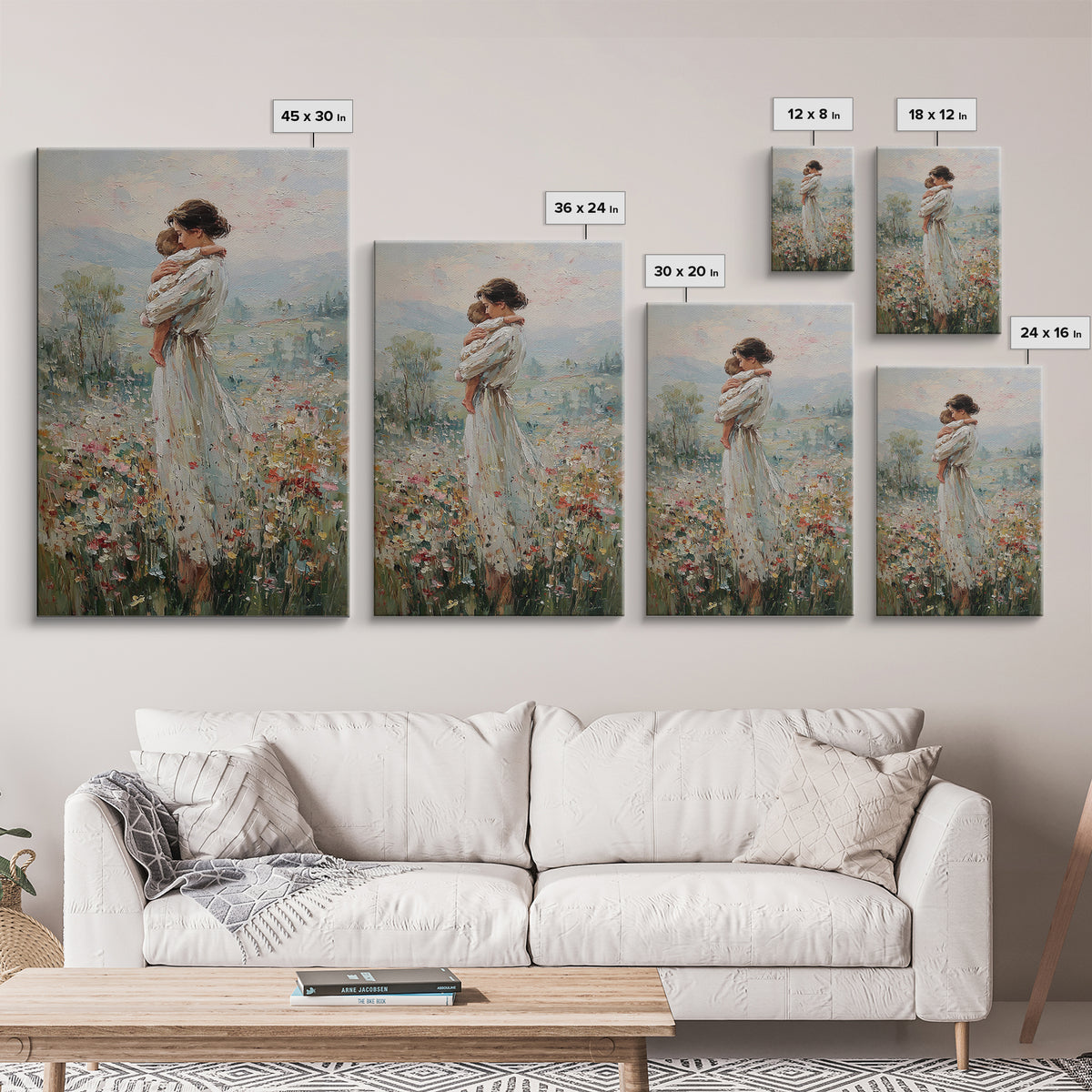 Mother Hugging Child In Mountain Wildflowers Canvas Print, Impressionist Landscape Wall Art, New Mom Gift, Nursery Decor