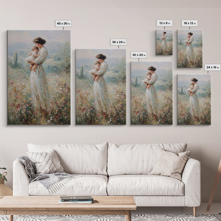 Mother Holding Baby In Wildflower Meadow Wall Art, Impressionist Motherhood Painting, Nursery Decor, Gift For Mom, Living Room Decor