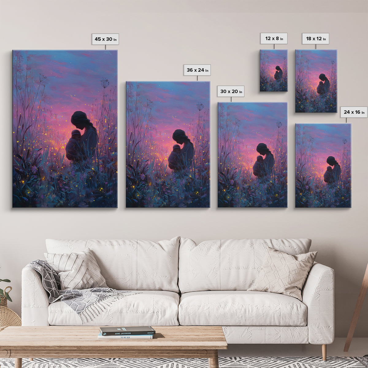 Twilight Mother And Baby In Firefly Meadow Canvas Print, Celestial Nursery Wall Art, Fantasy Decor, Gift For Mom, Bedroom Decor