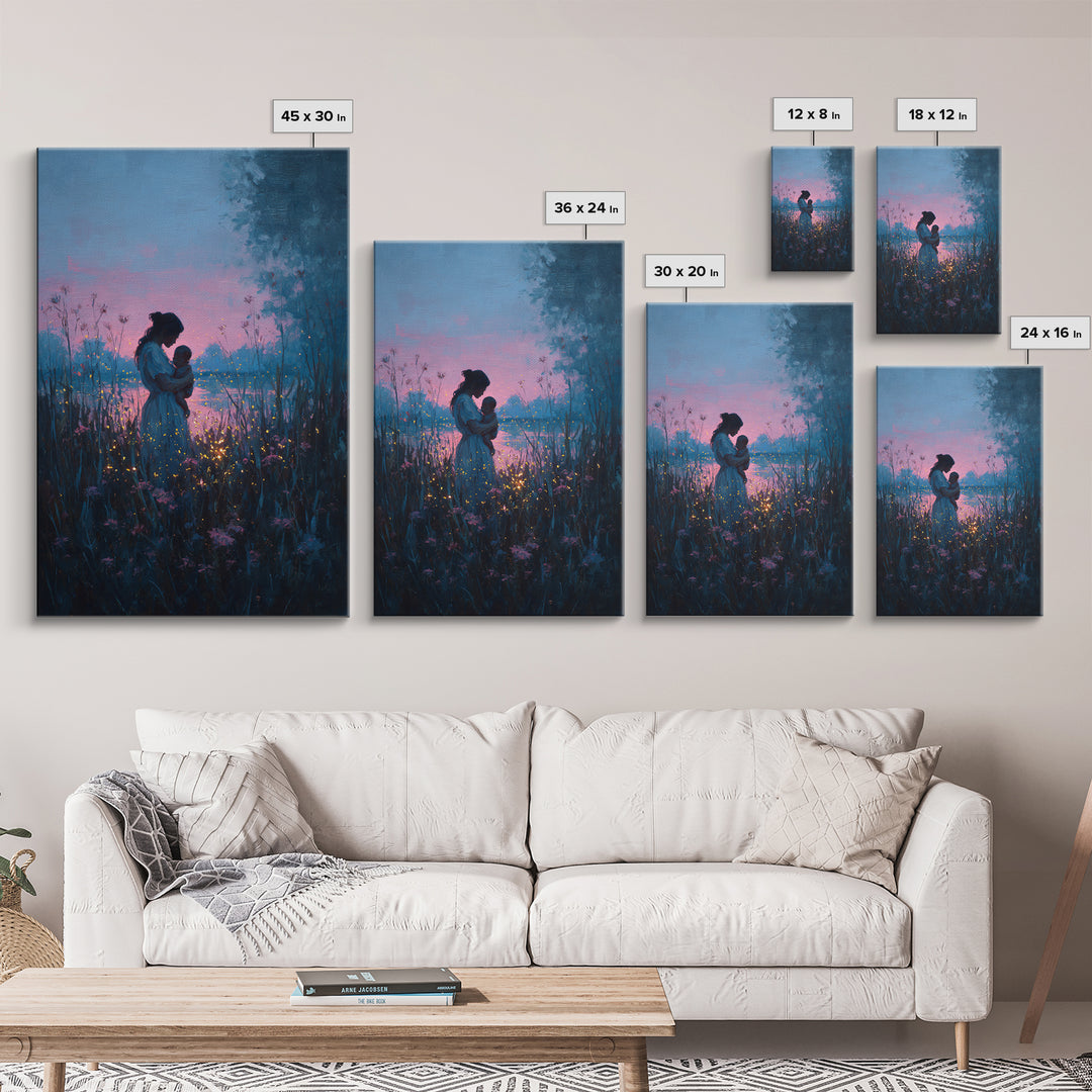 Blue Dusk Mother And Child By Lake Wall Art, Firefly Meadow Painting, Celestial Nursery Decor, Spiritual Gift For Mom, Art Print