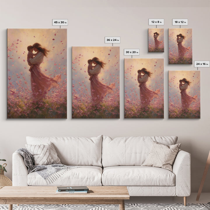 Mother Kissing Baby In Pink Blossom Field Framed Canvas Print, Romantic Wall Art, Nursery Decor, Gift For Her And Mom, Bedroom Decor