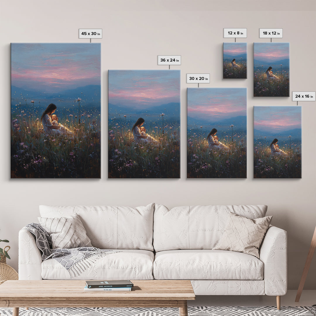 Glowing Mother And Baby In Mountain Meadow Canvas Print, Serene Landscape Wall Art, Nursery Decor, Spiritual Gift For Mom