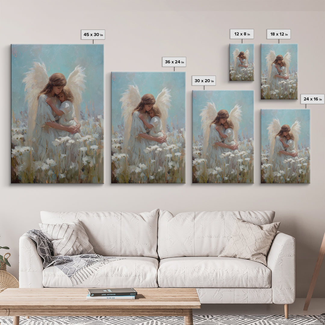 Guardian Angel Hugging Child In White Flower Field Wall Art, Spiritual Canvas Print, Christian Nursery Decor, Gift For Mom