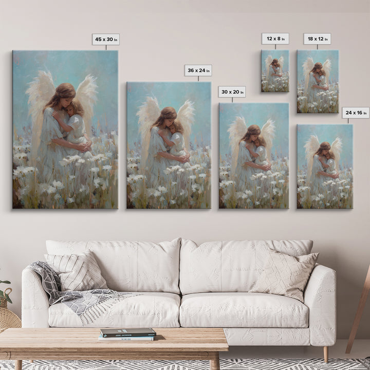 Guardian Angel Hugging Child In White Flower Field Wall Art, Spiritual Canvas Print, Christian Nursery Decor, Gift For Mom
