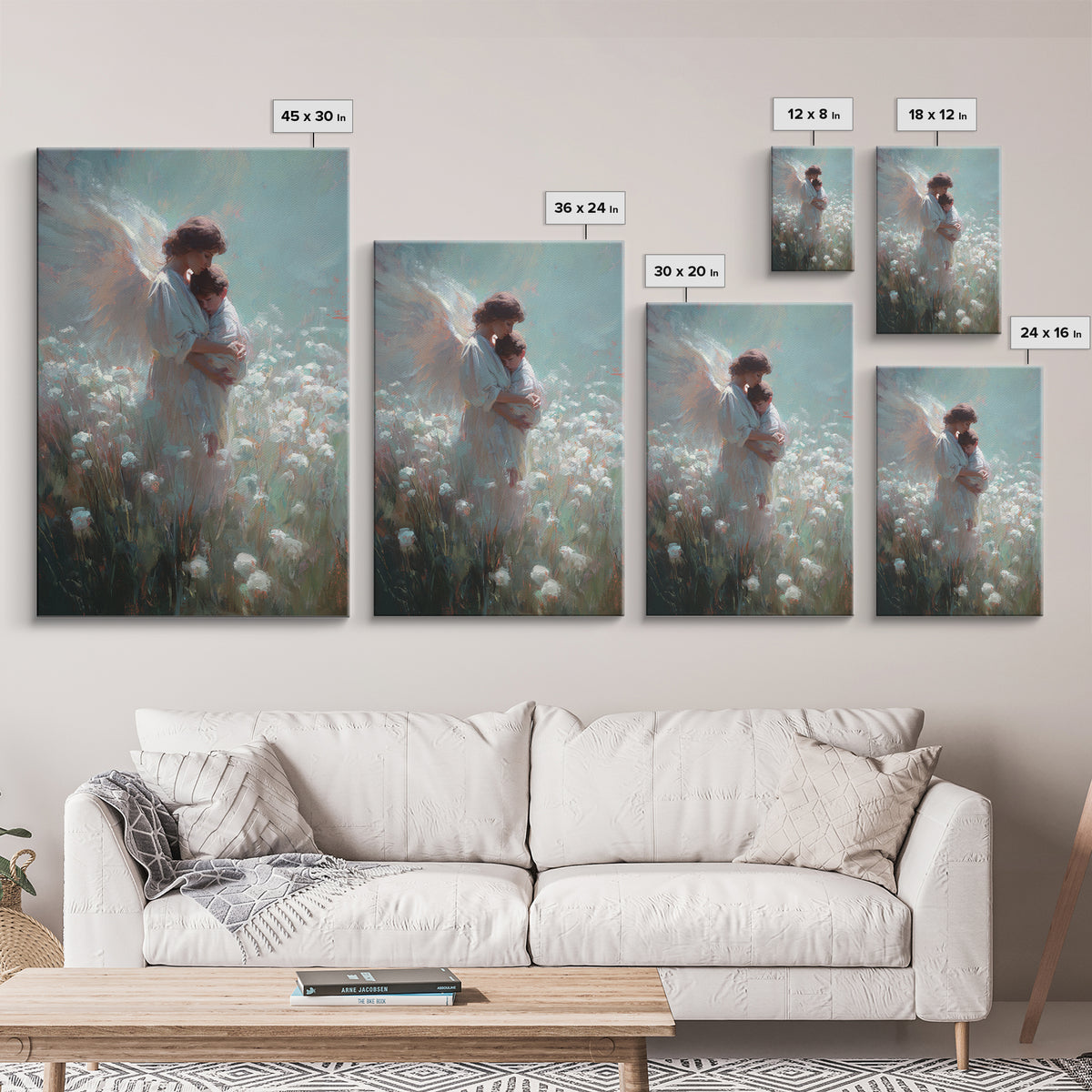 Angel Mother Holding Child In Soft White Meadow Framed Canvas Print, Spiritual Wall Art, Christian Nursery Decor, Gift For Mom