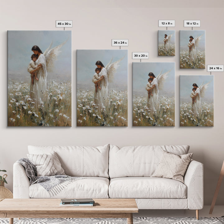 Dark Haired Guardian Angel With Child In Daisy Field Wall Art, Religious Canvas Print, Christian Nursery Decor, Gift For Mom