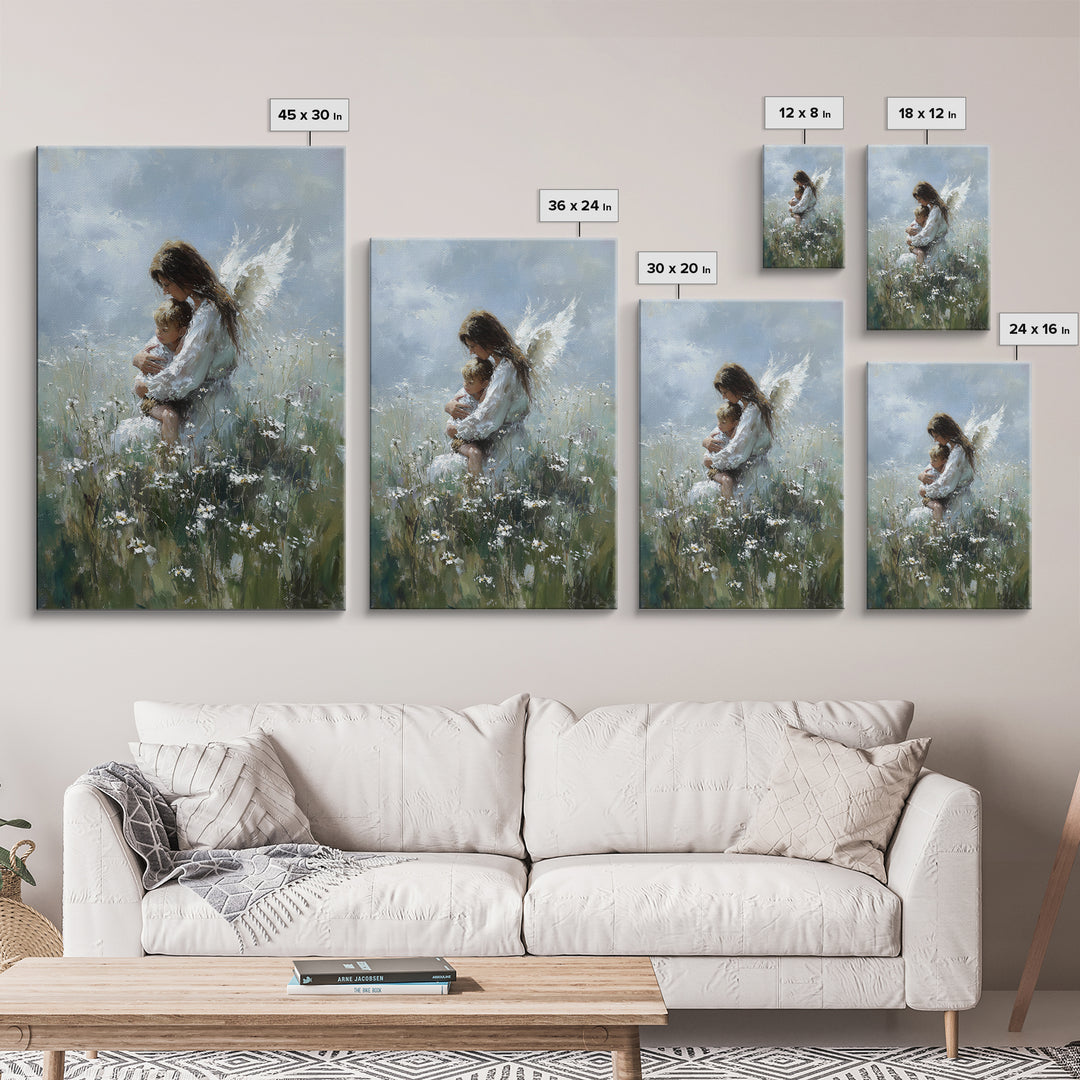 Angel Embracing Child In Wild Daisy Meadow Canvas Print, Soft Spiritual Wall Art, Christian Nursery Decor, Gift For Mom, Bedroom Decor