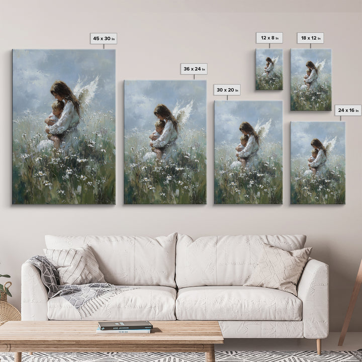 Angel Embracing Child In Wild Daisy Meadow Canvas Print, Soft Spiritual Wall Art, Christian Nursery Decor, Gift For Mom, Bedroom Decor