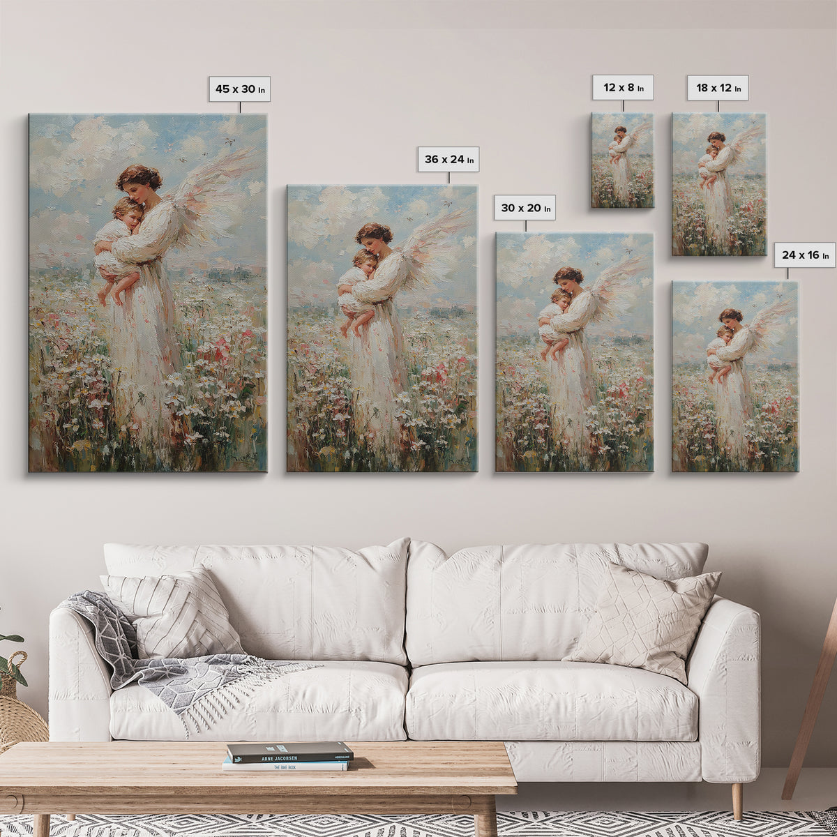 Textured Angel Mother Holding Baby In Wildflower Field Wall Art, Impressionist Canvas Print, Christian Nursery Decor, Gift For Mom