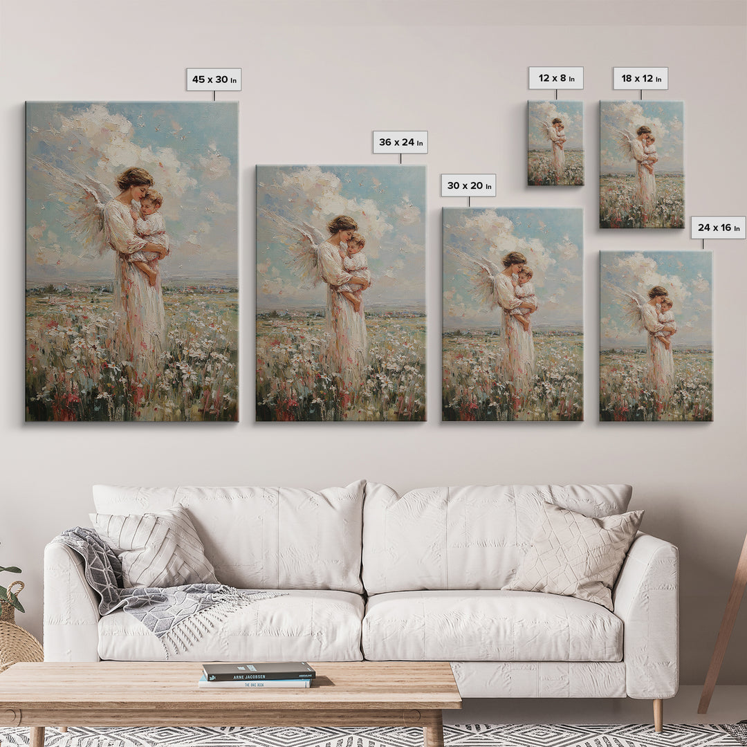 Angel Mother And Baby In Wildflower Meadow Wall Art, Christian Nursery Decor, Motherhood Gift, Fine Art Print, Serene Home Decor