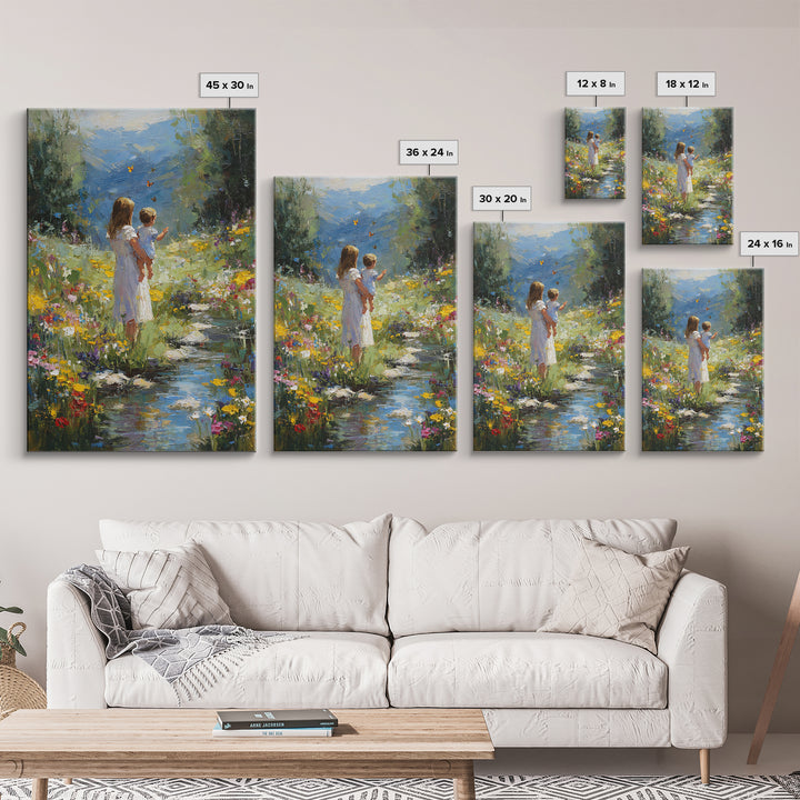 Mother And Child By Mountain Stream Wall Art, Wildflower Landscape Painting, Nature Wall Art, Nursery Decor, Housewarming Gift