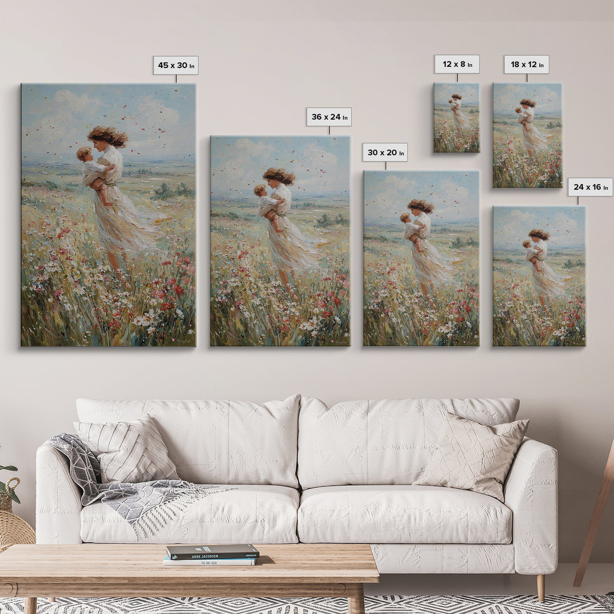Windswept Mother Holding Baby In Daisy Field Framed Canvas Print, Floral Wall Art, Motherhood Gift, Romantic Bedroom Art