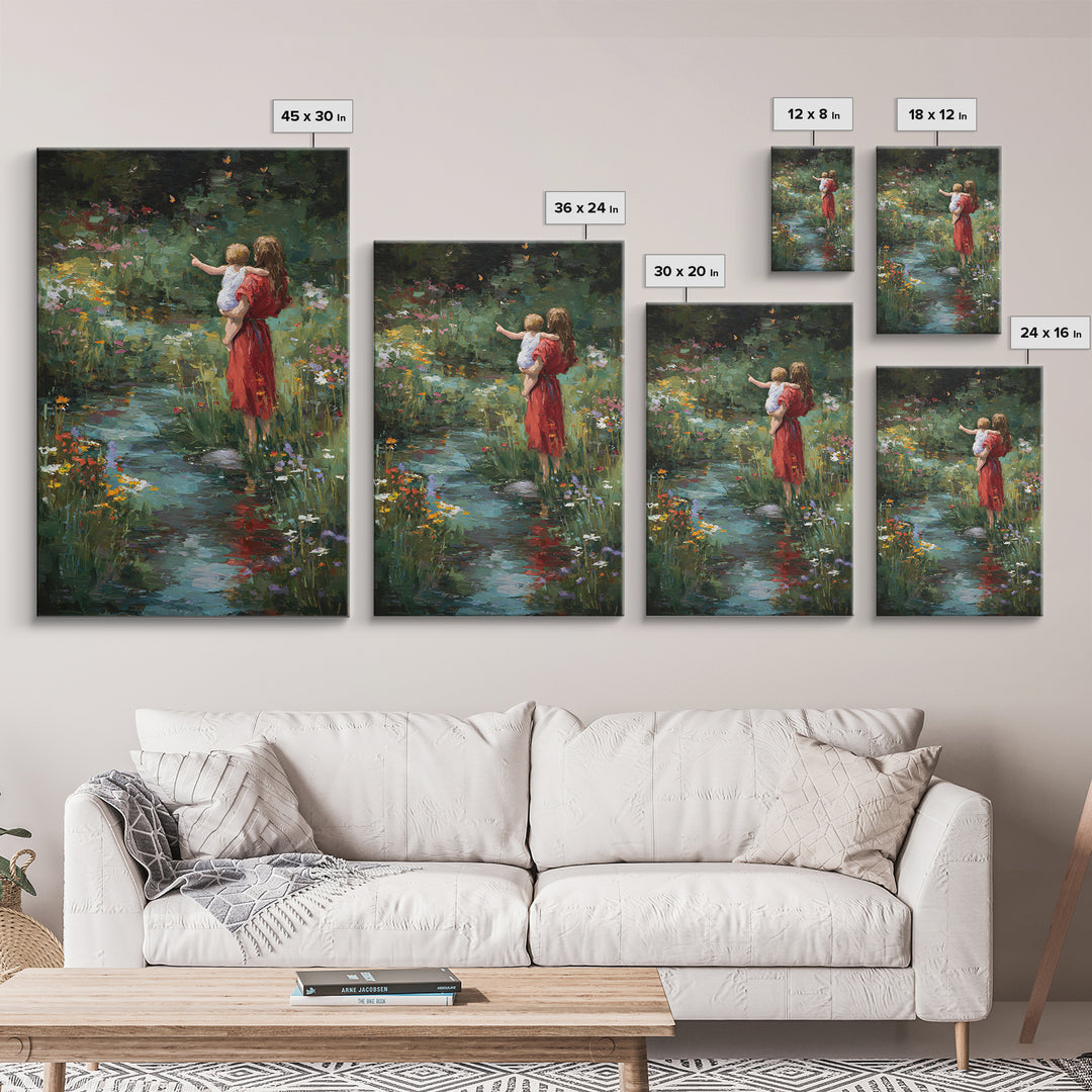Mother In Red Dress With Child By Garden Stream Wall Art, Moody Floral Art, Nature Wall Decor, Gift For Her, Fine Art Print