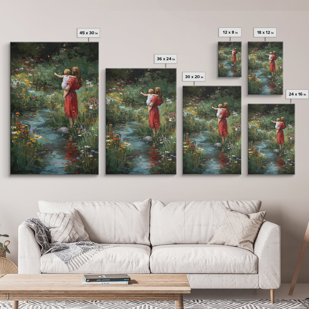 Mother In Red Dress With Child By Garden Stream Wall Art, Moody Floral Art, Nature Wall Decor, Gift For Her, Fine Art Print