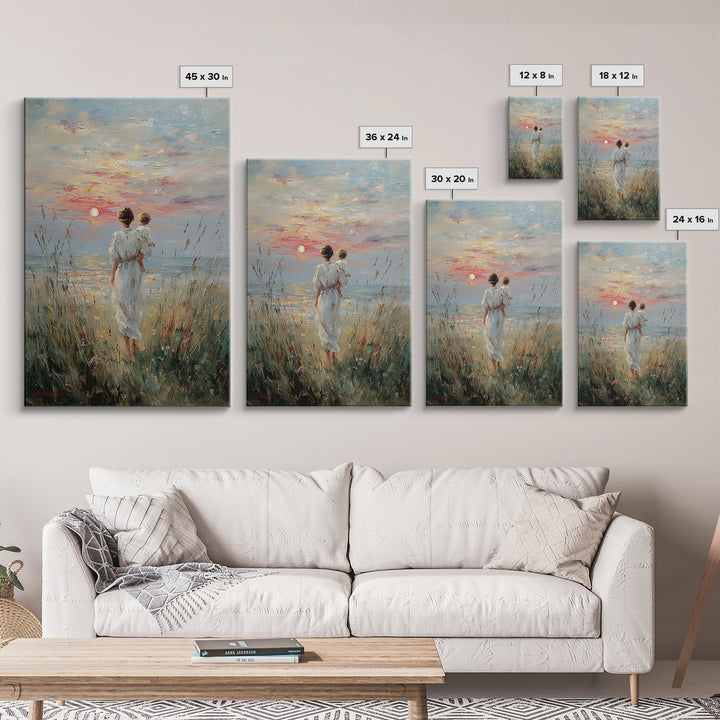 Mother And Child Watching Sunset Over Lake Framed Canvas Print, Coastal Wall Art, Serene Bedroom Decor, Motherhood Gift, Fine Art Print