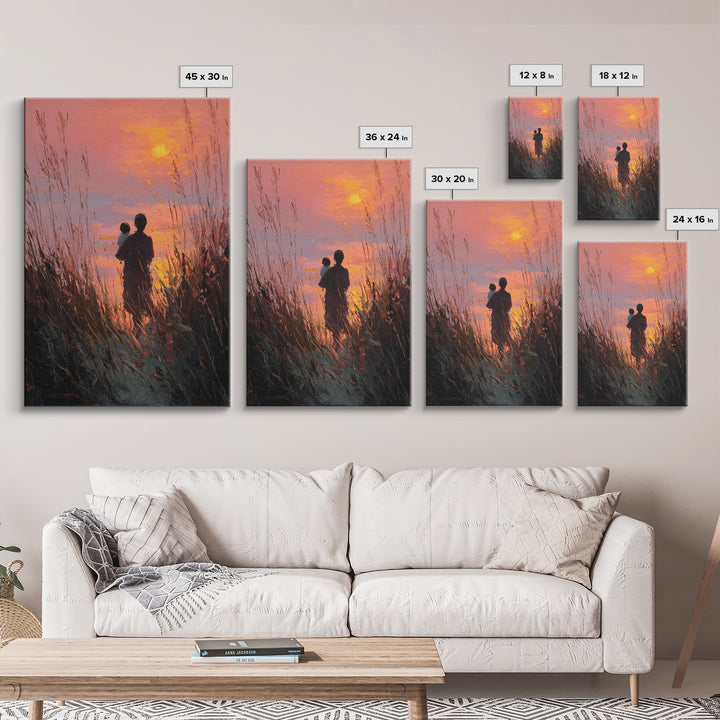 Silhouette Mother And Baby At Orange Sunset Canvas Print, Coastal Wall Art, Romantic Bedroom Decor, Gift For Mom, Sunset Art