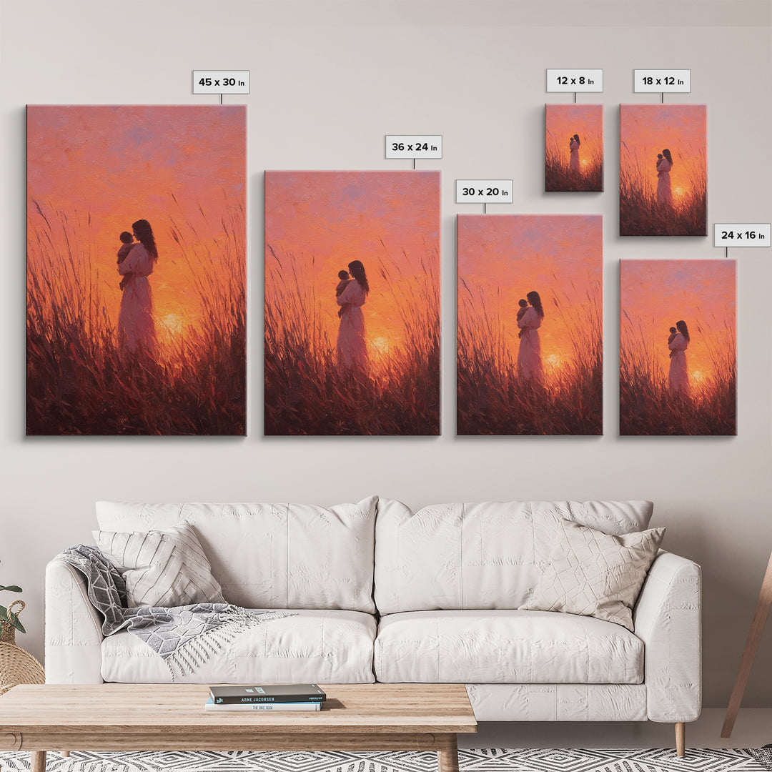 Mother And Baby In Fiery Sunset Grass Canvas Print, Romantic Wall Art, Warm Orange Decor, Nursery Wall Art, Gift For Her