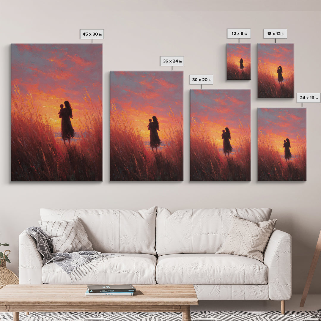 Mother And Baby Sunset Meadow Wall Art, Impressionist Oil Painting Print, Feminine Nursery Decor, Gift For Mom, Living Room Decor