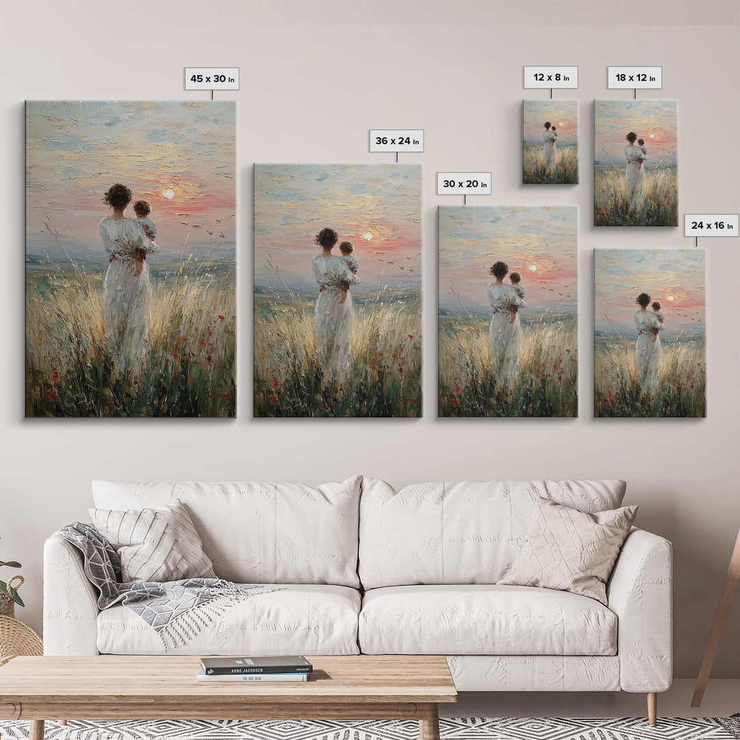 Mother And Child By The Sea Framed Canvas Print, Coastal Meadow Oil Painting, Feminine Wall Decor, Gift For Mom, Nursery Wall Art
