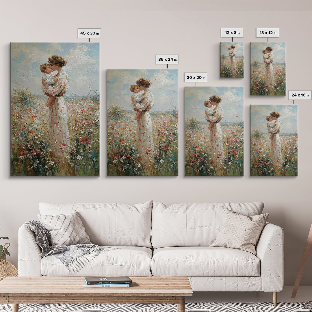 Mother Kissing Baby In Wildflower Field Canvas Print, Impressionist Floral Wall Art, Nursery Decor, Gift For Her, Mothers Day Gift