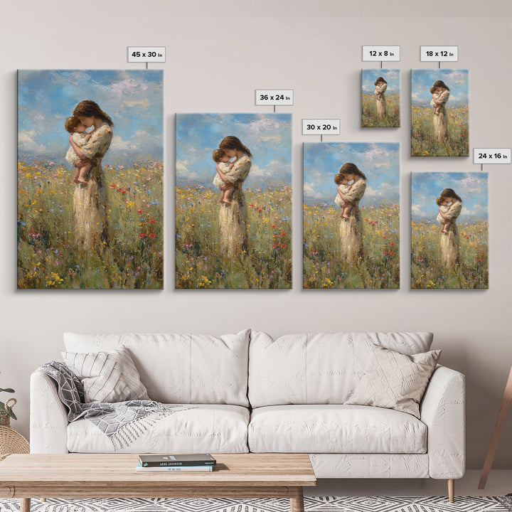 Tender Mother And Baby Wildflower Meadow Wall Art, Impressionist Oil Painting, Feminine Nursery Decor, Gift For Mom, Bedroom Decor