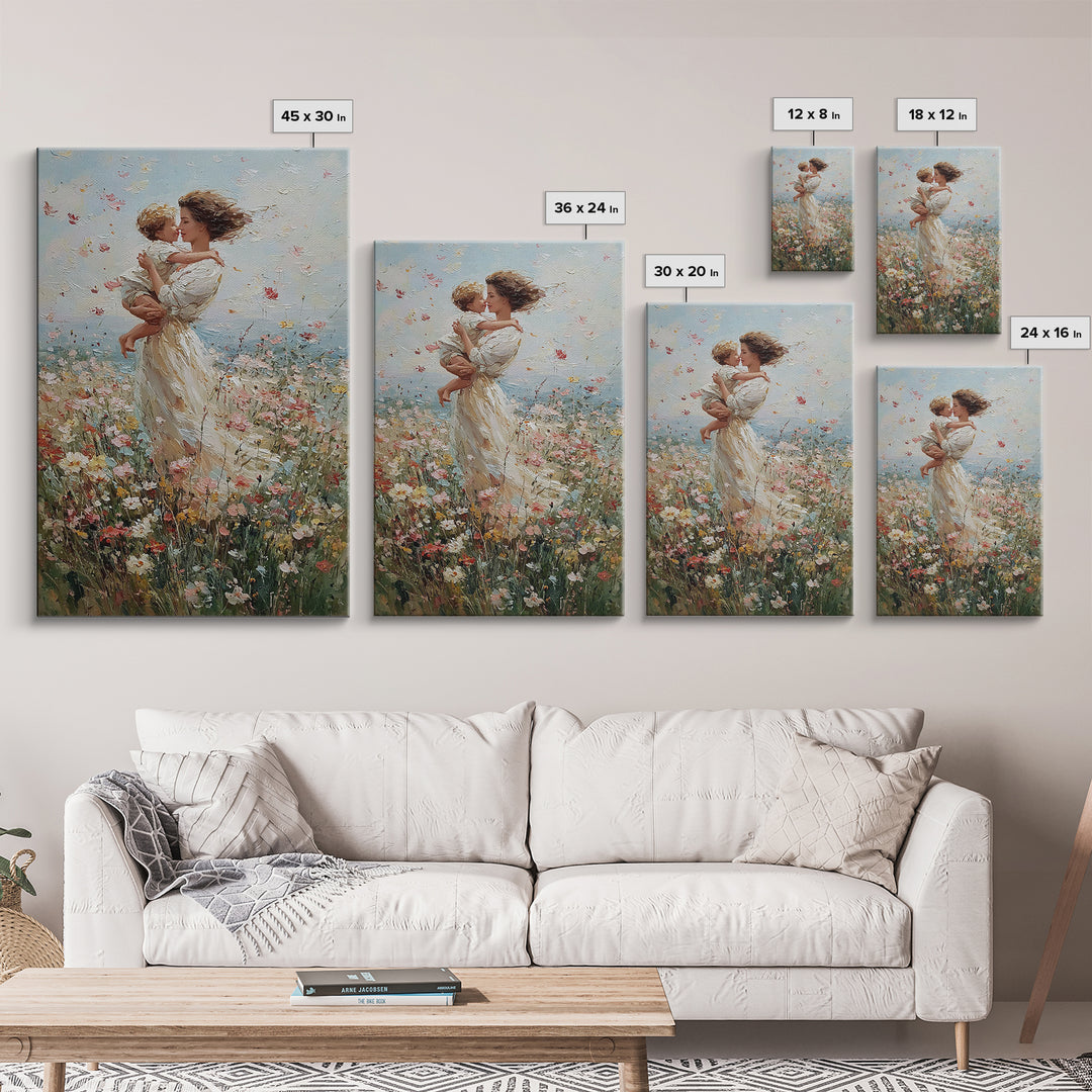 Windblown Mother And Baby Floral Meadow Framed Canvas Print, Coastal Impressionist Wall Art, Nursery Decor, Gift For Mom
