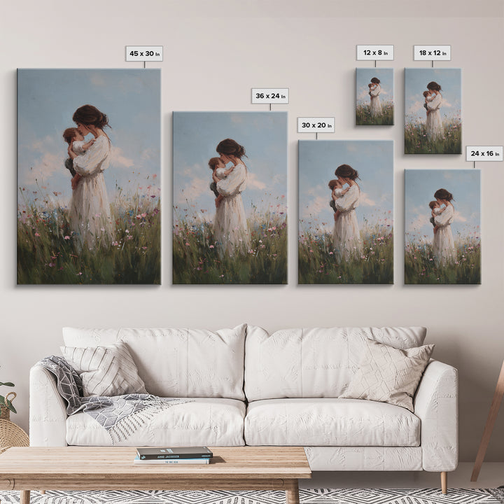 Mother Cuddling Baby In Soft Meadow Framed Canvas Print, Minimalist Floral Wall Art, Calming Nursery Decor, Gift For Mom