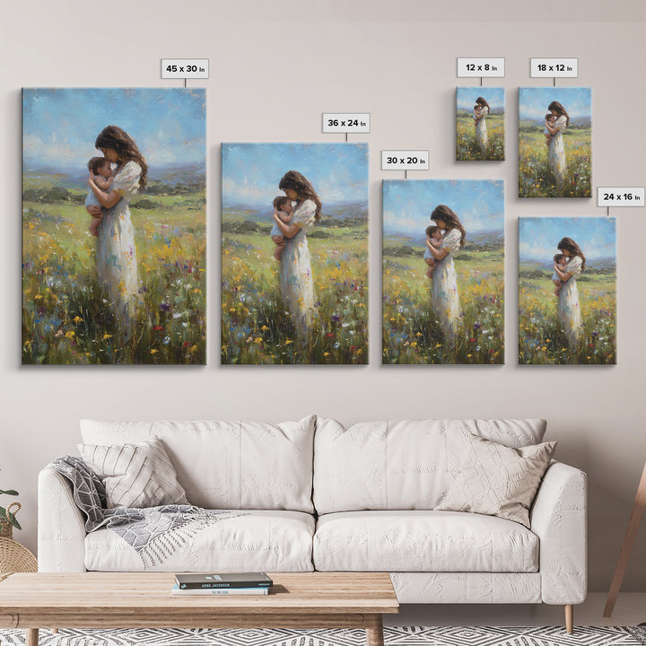 Mother And Baby In Rolling Hills Meadow Canvas Print, Impressionist Landscape Wall Art, Floral Nursery Decor, Gift For Mom