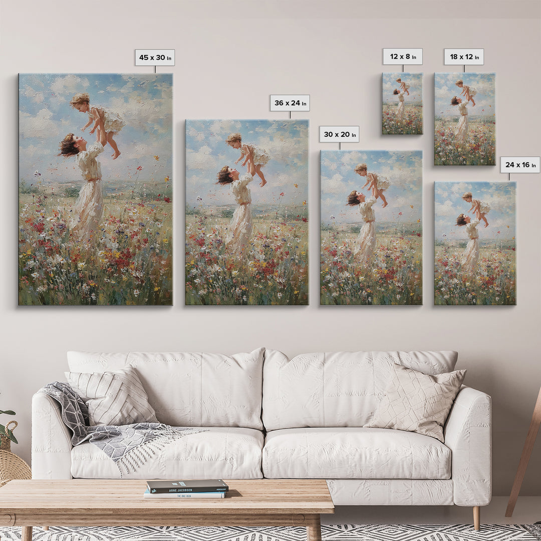 Mother Lifting Child Above Wildflower Meadow Wall Art, Joyful Impressionist Oil Painting Print, Nursery Decor, Gift For Mom