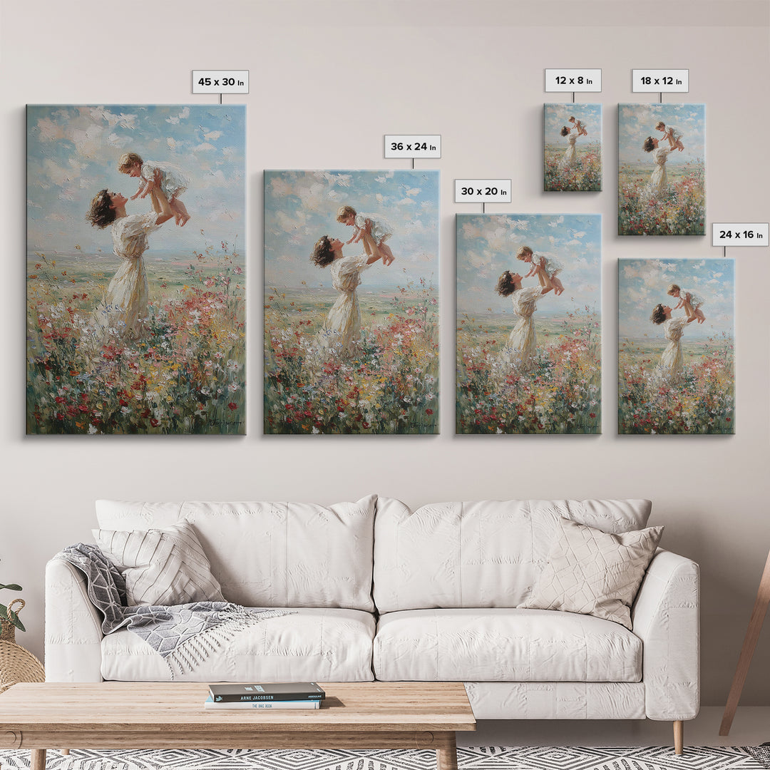 Mother Lifting Baby In Soft Wildflower Meadow Wall Art, Impressionist Oil Painting, Nursery Decor, Mothers Day Gift For Mom