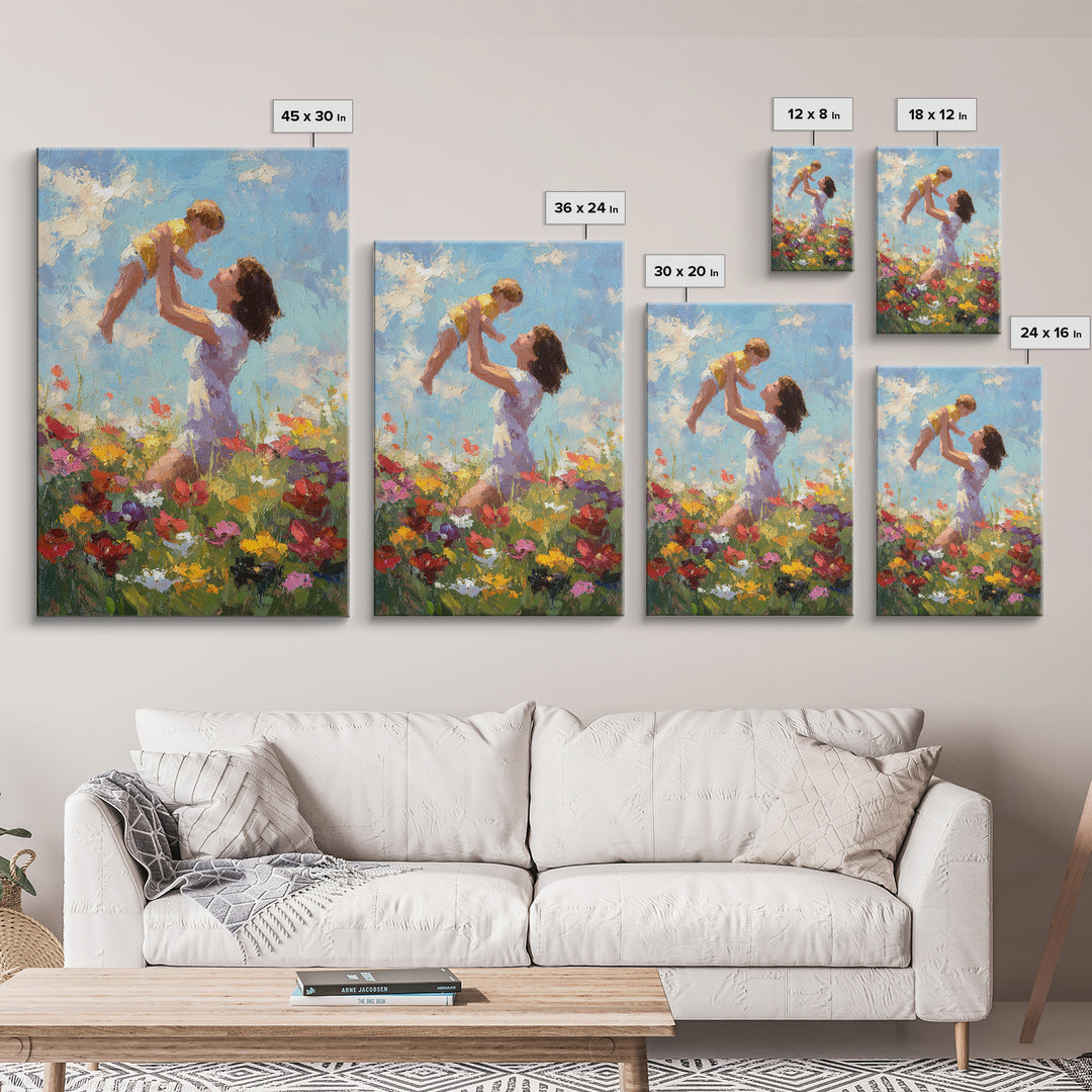 Kneeling Mother Lifting Baby Among Poppies Canvas Print, Impressionist Floral Wall Art, Nursery Decor, Mothers Day Gift For Mom