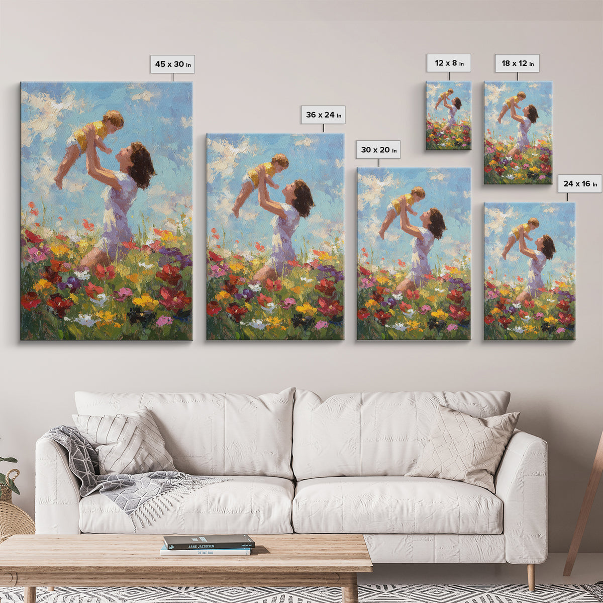 Kneeling Mother Lifting Baby Among Poppies Canvas Print, Impressionist Floral Wall Art, Nursery Decor, Mothers Day Gift For Mom