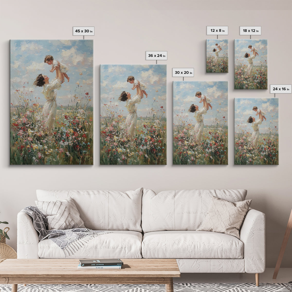 Airy Mother And Toddler In Wild Meadow Framed Canvas Print, Impressionist Wall Art, Living Room Decor, Mothers Day Gift For Mom