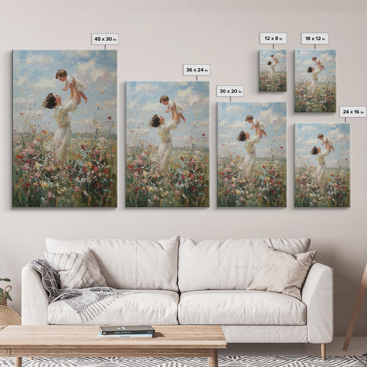 Airy Mother And Toddler In Wild Meadow Framed Canvas Print, Impressionist Wall Art, Living Room Decor, Mothers Day Gift For Mom