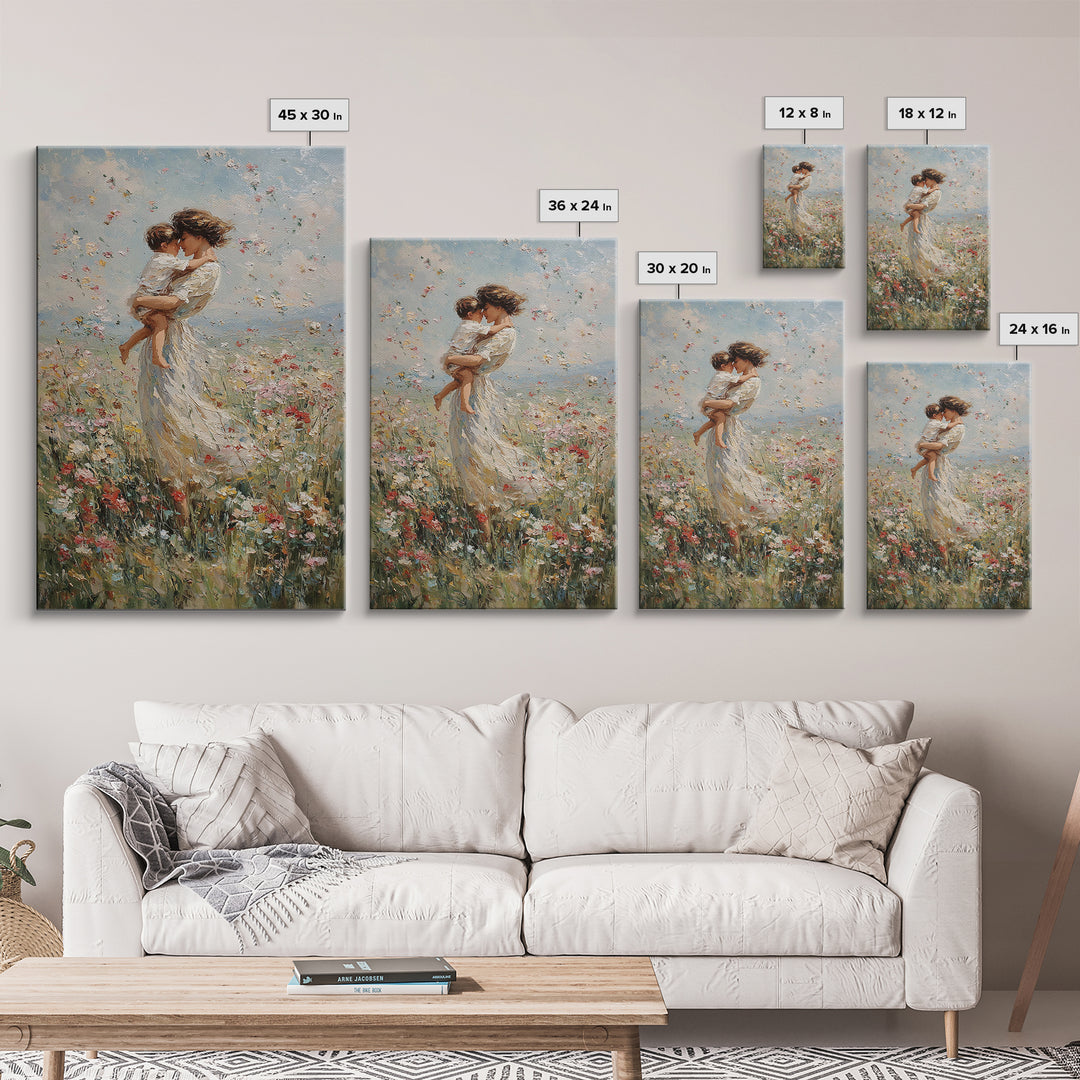 Mother Embracing Baby In Windblown Flower Meadow Framed Canvas Print, Impressionist Floral Wall Art, Nursery Decor, Mothers Day Gift For Mom