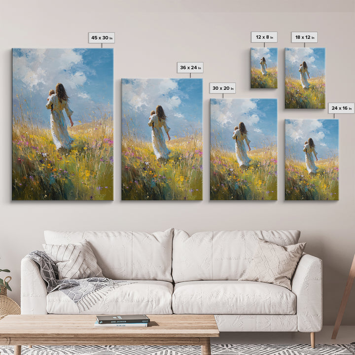 Mother Carrying Child Through Sunny Meadow Canvas Print, Impressionist Landscape Wall Art, Nursery Decor, Mothers Day Gift For Mom